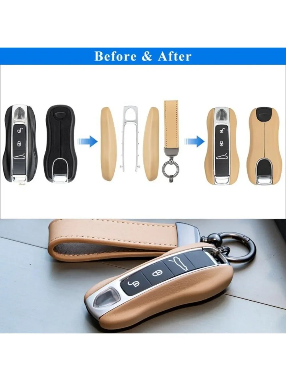 Beige Calf Leather Key Fob Cover for Luxury Cars - Stylish & Durable Accessory